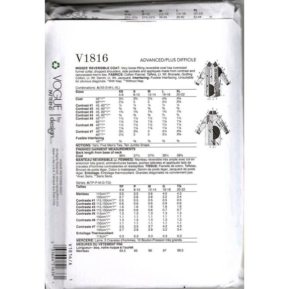 Vogue V1816 Misses XS to XL Julio Cesar Lined Jacket Uncut Sewing Pattern - Picture 2 of 2